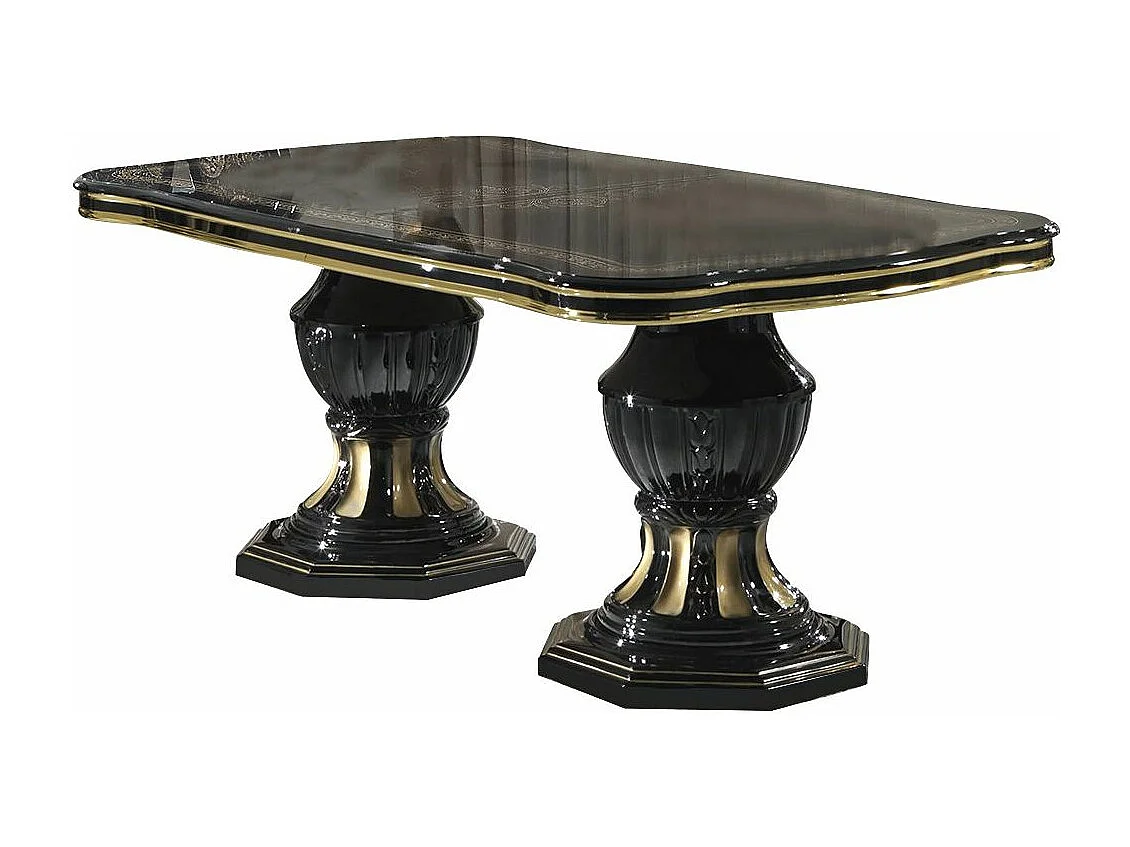 Table à manger rectangulaire extensible bois vernis laqué brillant noir et doré Lesly 185 à 230cm