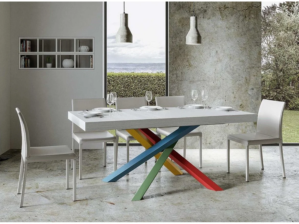 Table design blanc mat et pieds entrelacés multicouleurs 180cm Artemis