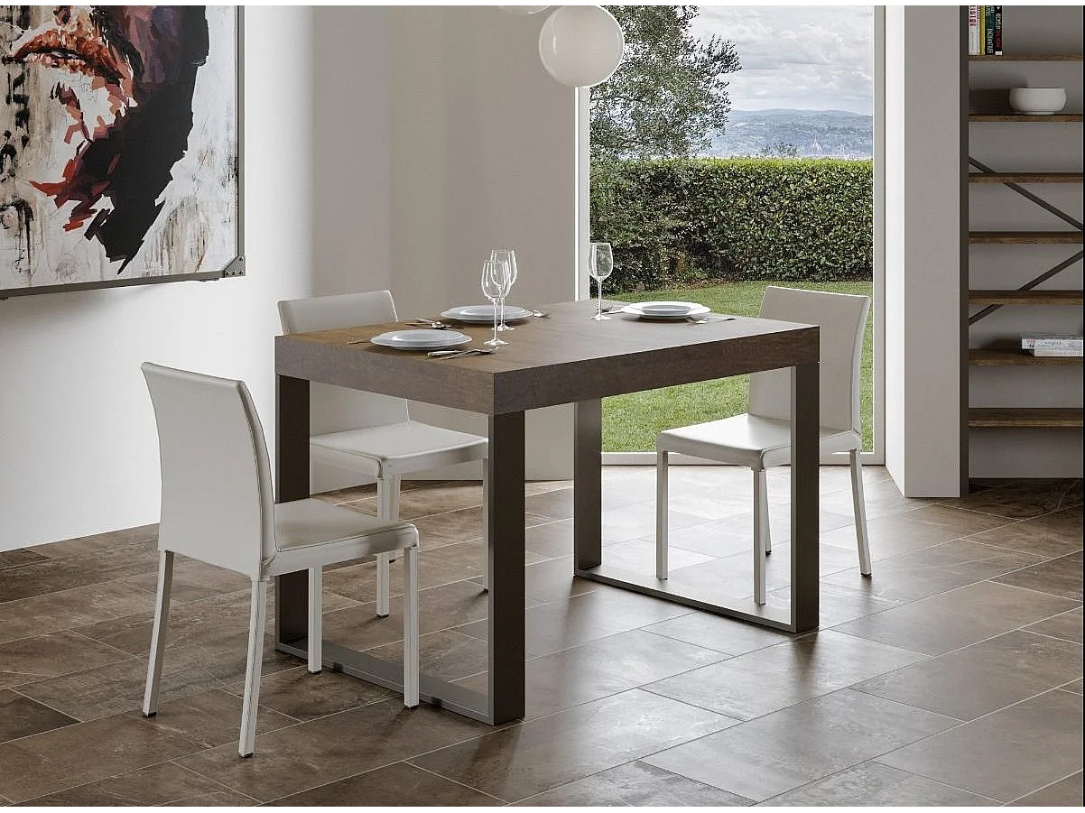 Table à manger moderne bois foncé et pieds métal anthracite Tiroz 130cm