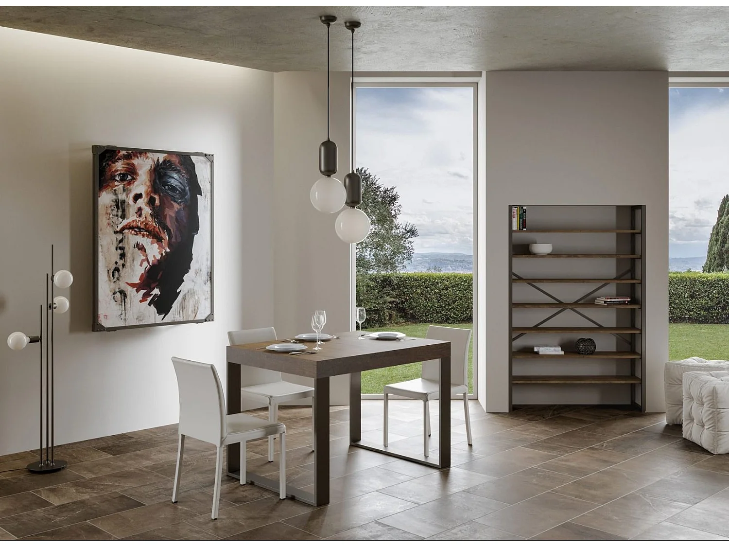 Table à manger moderne bois foncé et pieds métal anthracite Tiroz 130cm