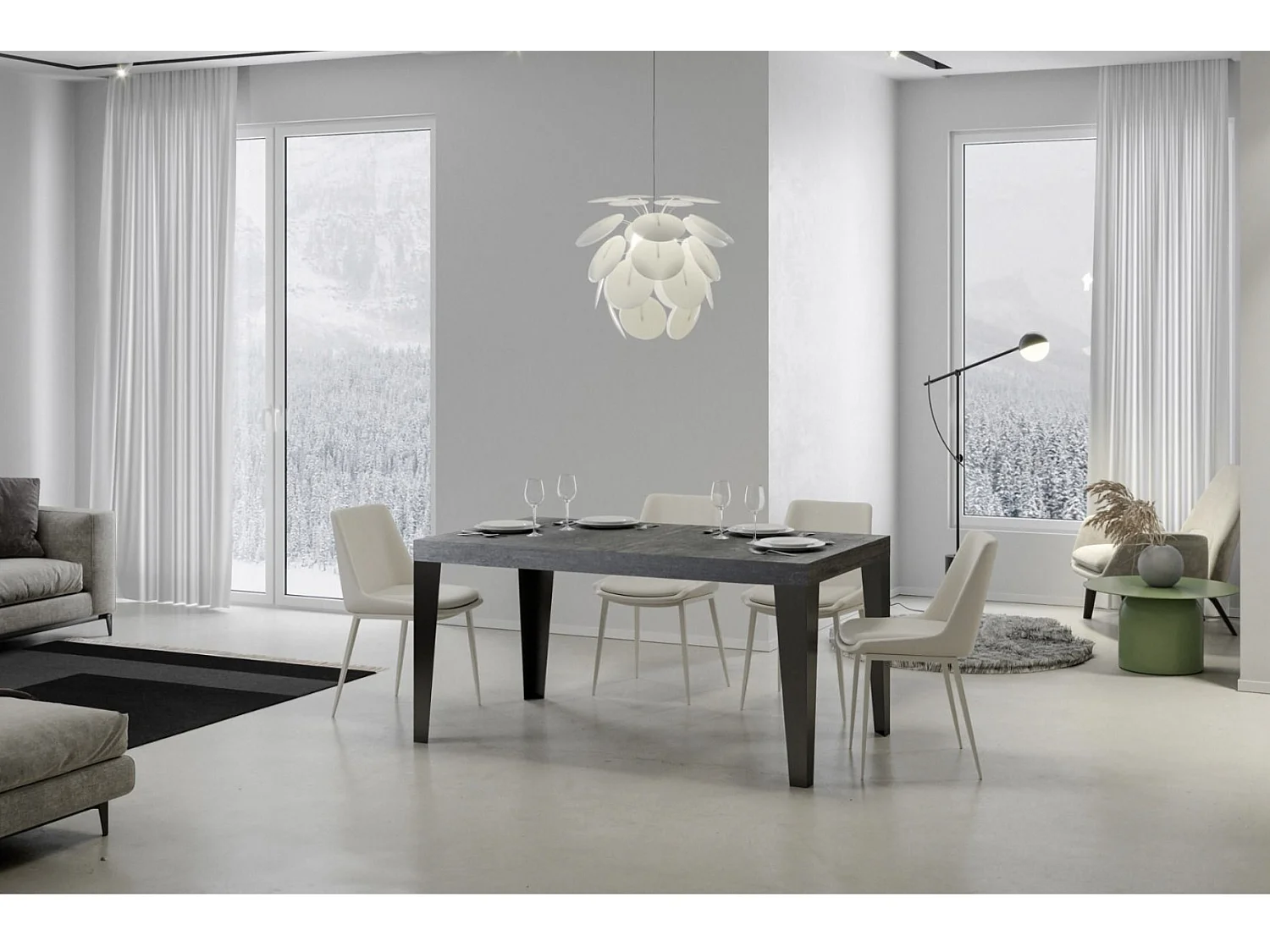 Table rectangulaire 160cm gris béton et pieds métal anthracite Flavio 6 places