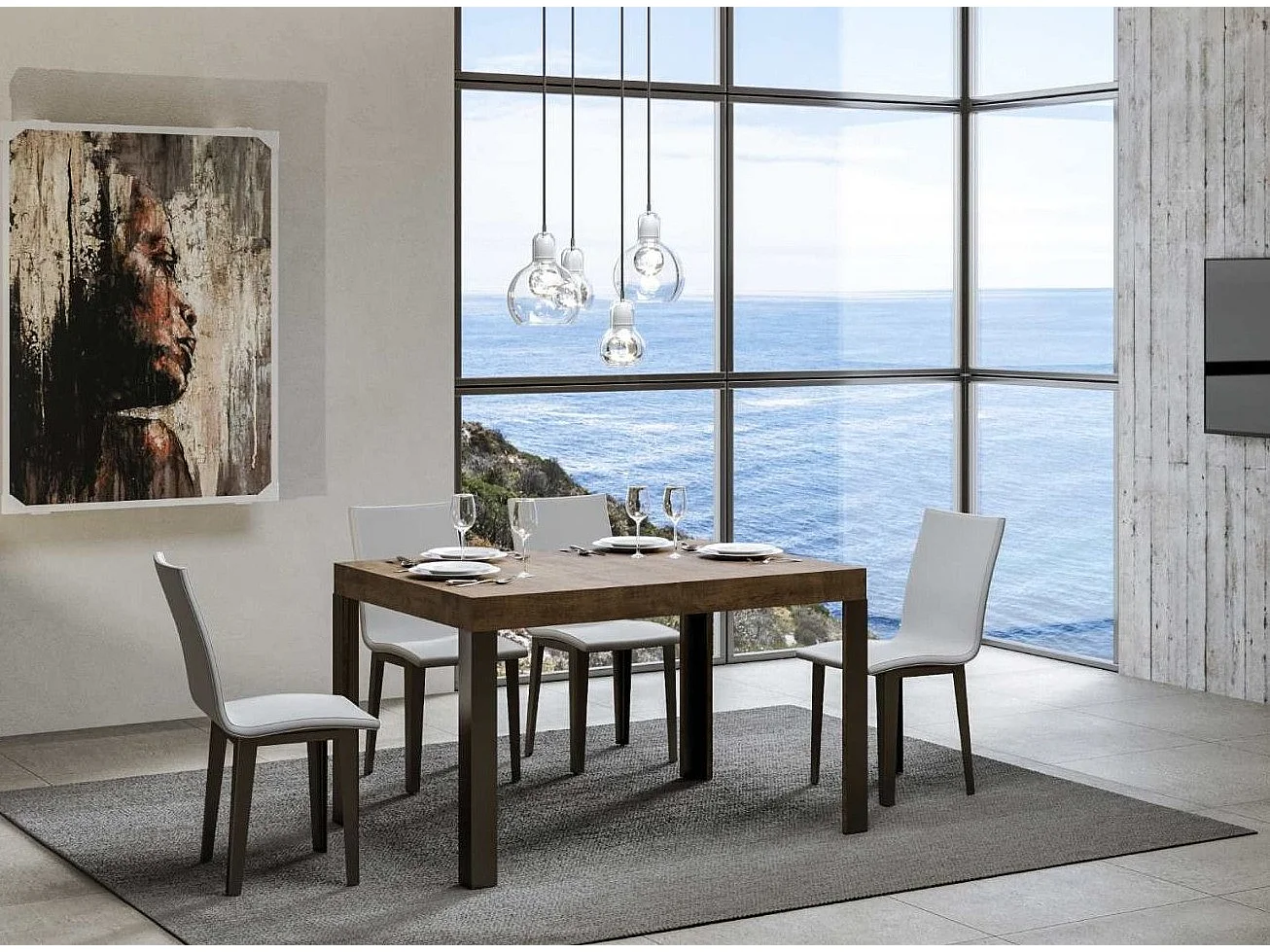 Table à manger rectangulaire bois foncé et pieds métal gris foncé Liva 130cm