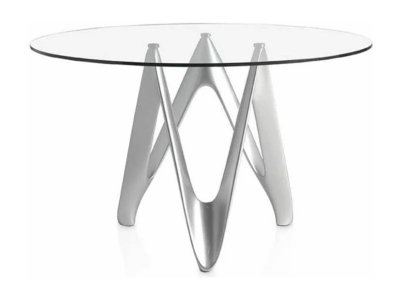 Table ronde design fibre de verre laqué argent Perla-Dimensions D 140 x H 76 cm