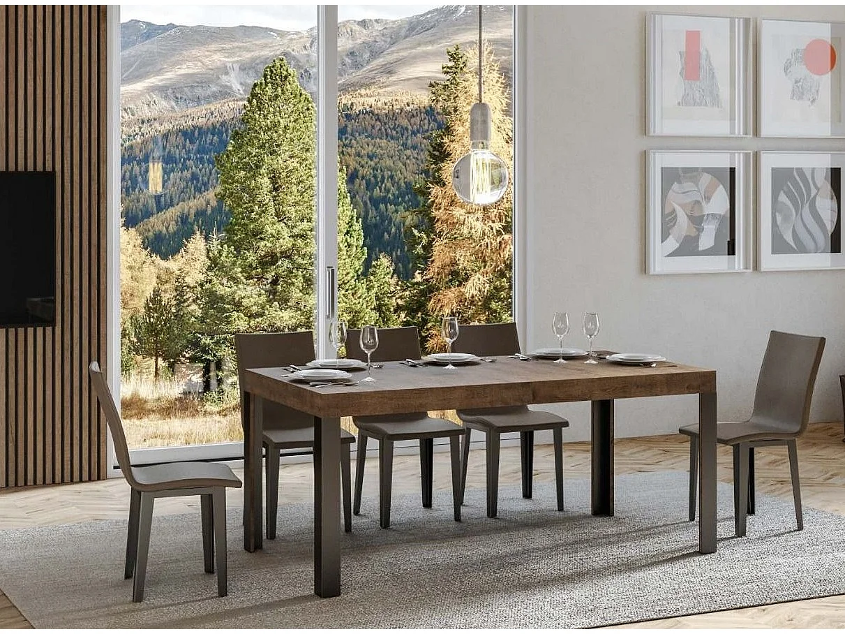 Table à manger rectangulaire bois foncé et pieds métal gris foncé Liva 180cm