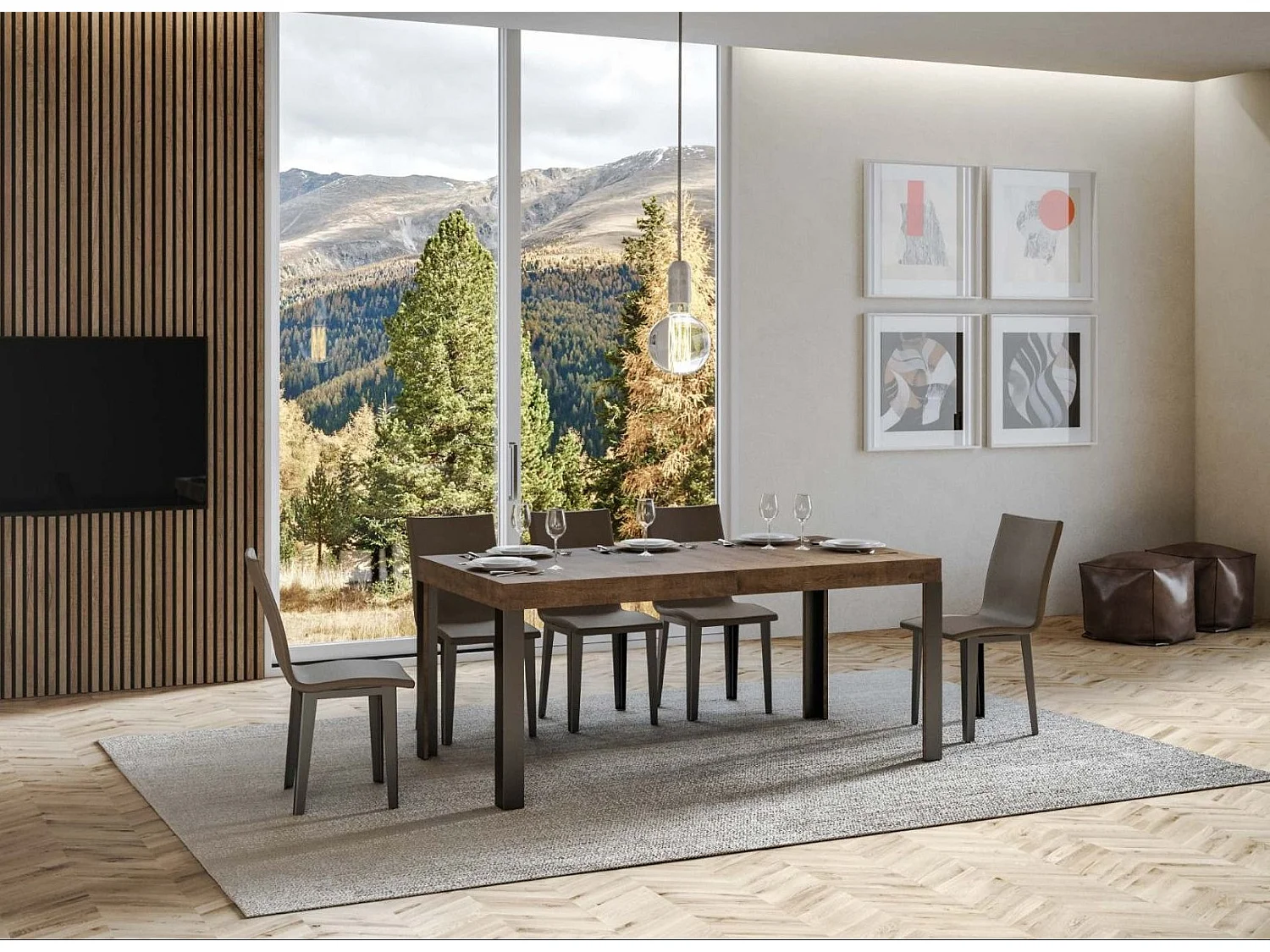 Table à manger rectangulaire bois foncé et pieds métal gris foncé Liva 180cm