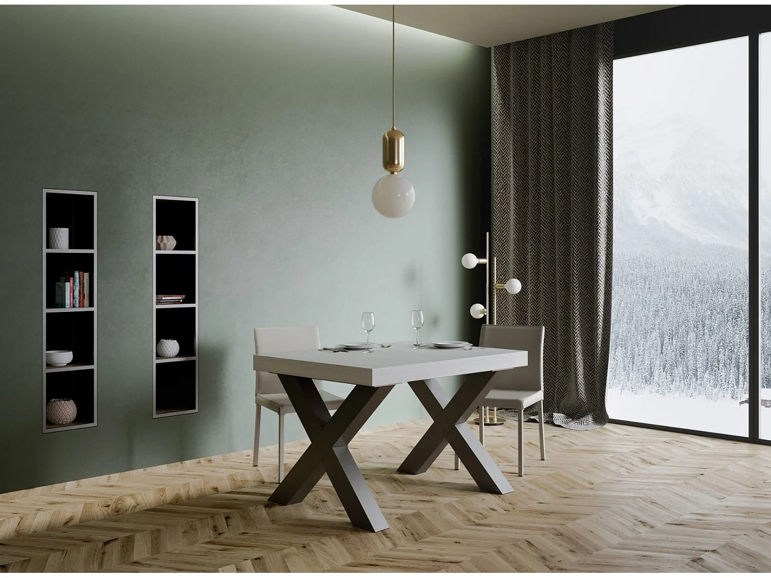 Mesa de comedor Tsara 130 cm rectangular de fresno blanco con patas de metal gris oscuro