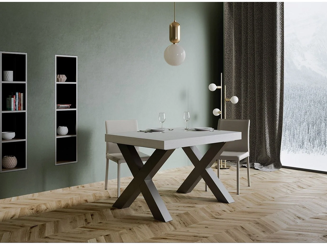 Mesa de comedor Tsara 130 cm rectangular de fresno blanco con patas de metal gris oscuro