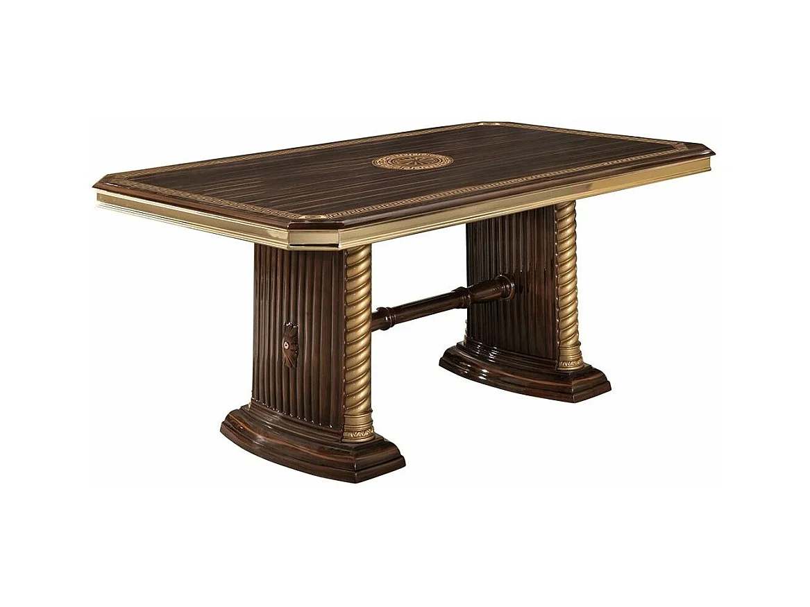Table à manger rectangulaire extensible bois vernis laqué brillant marron et doré Vinza 185 à 230cm
