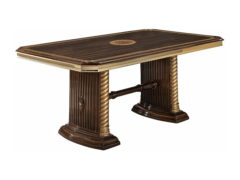 Table à manger rectangulaire extensible bois vernis laqué brillant marron et doré Vinza 185 à 230cm