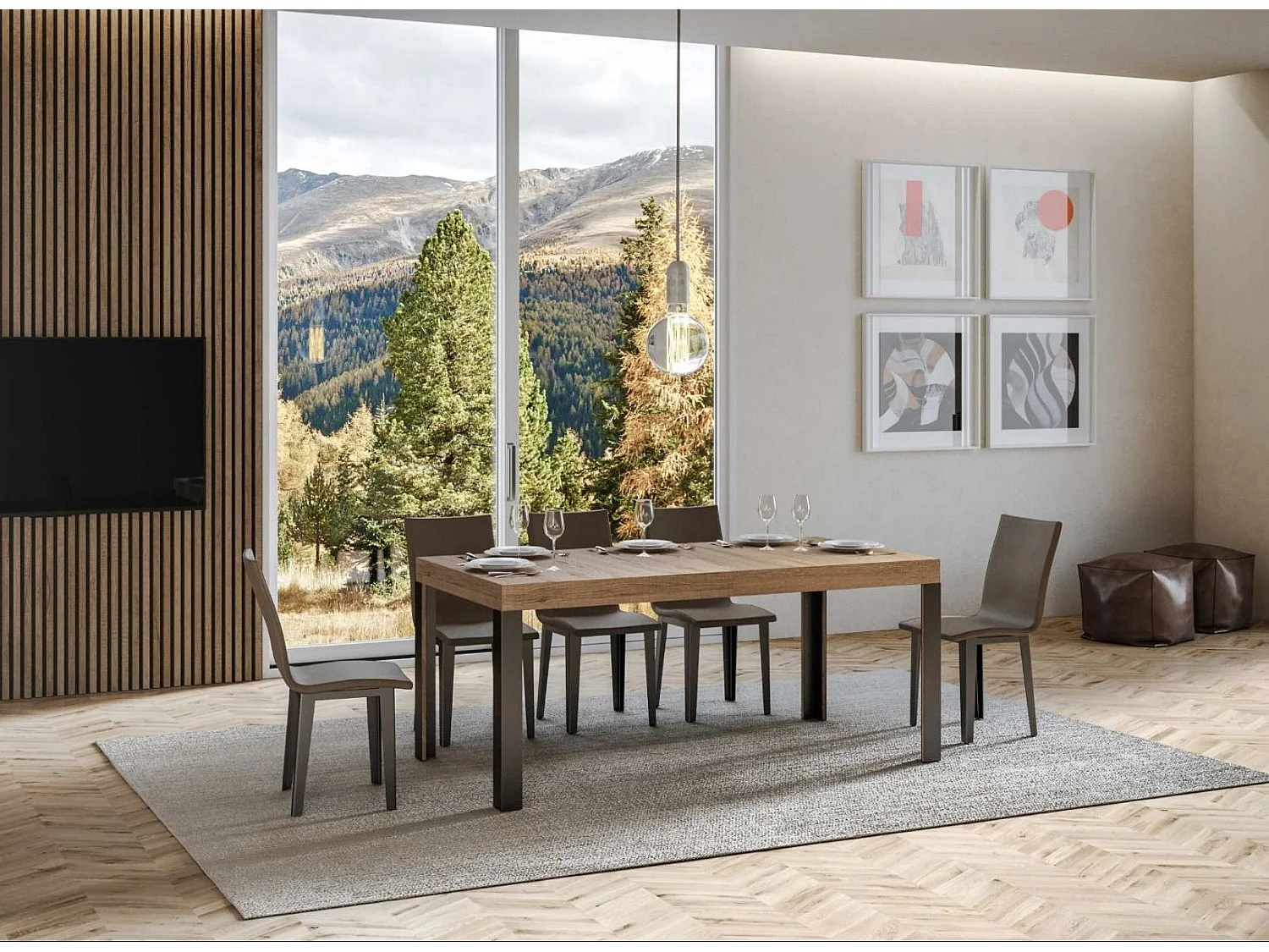 Rechthoekige lichthouten eettafel en donkergrijze metalen poten Liva 160 cm