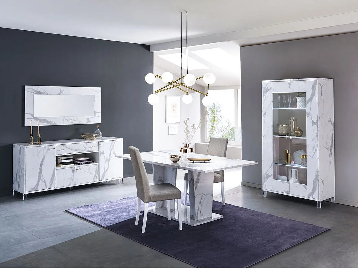 Table à manger rectangulaire extensible bois blanc effet marbre vernis Botela 180 à 225cm