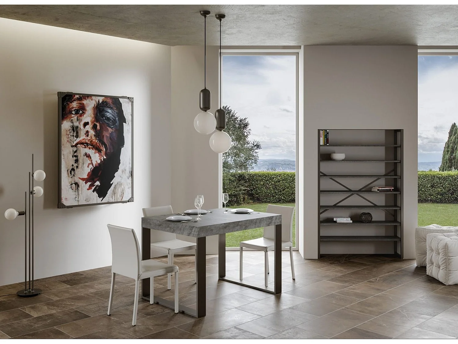 Table à manger moderne gris béton et pieds métal anthracite Tiroz 130cm