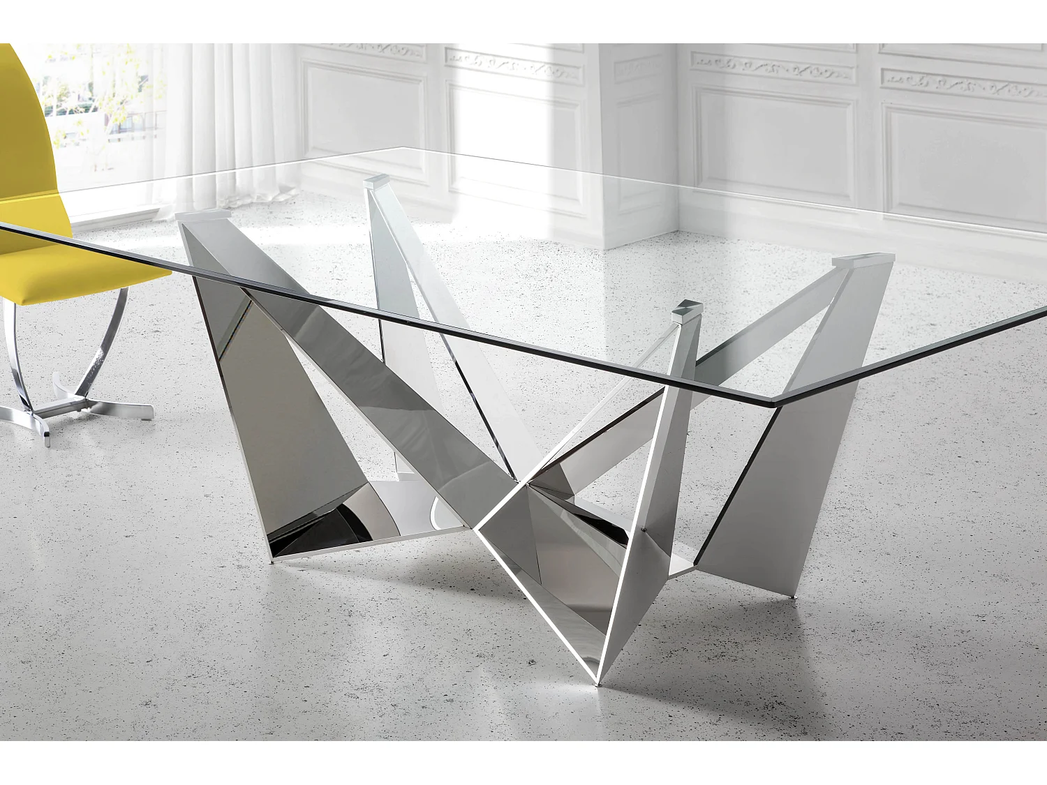 Table rectangulaire design acier chromé et verre trempé Trypa 180cm