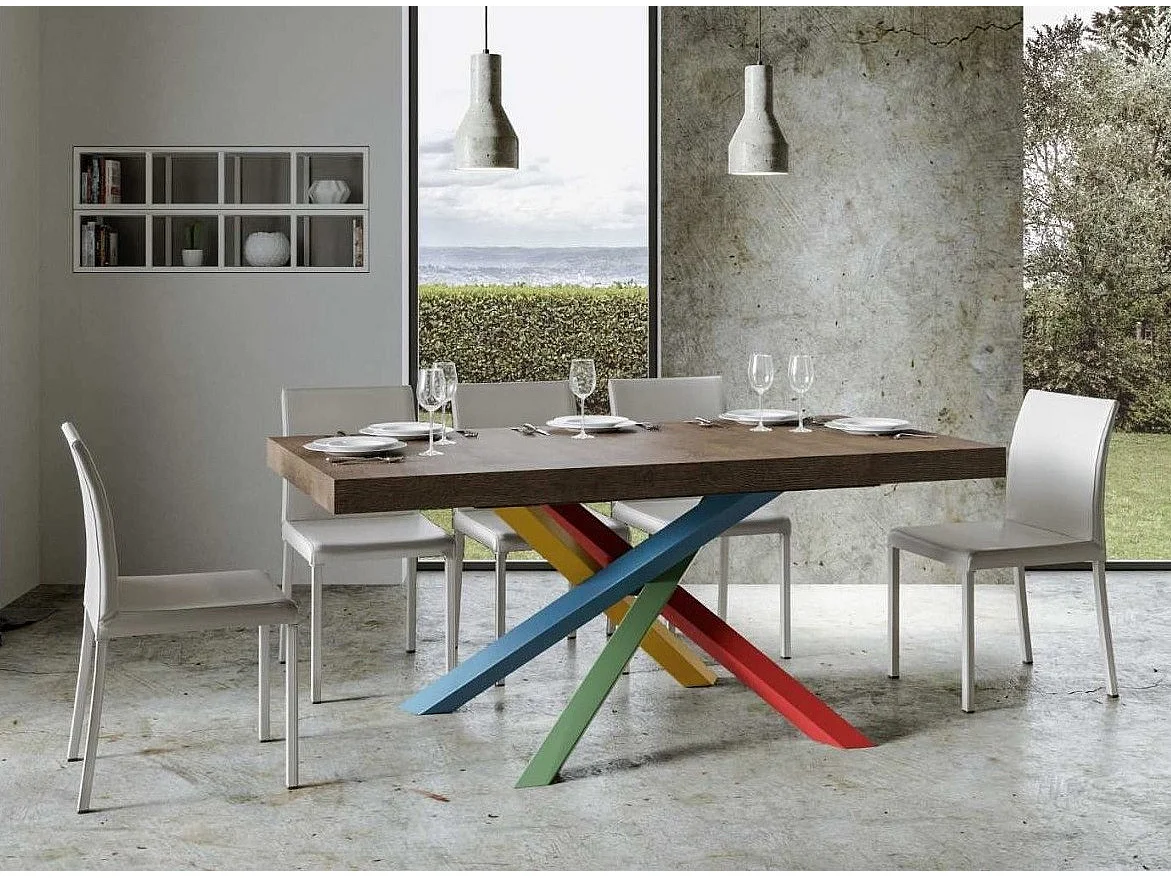 Table design bois marron et pieds entrelacés multicouleurs 180cm Artemis