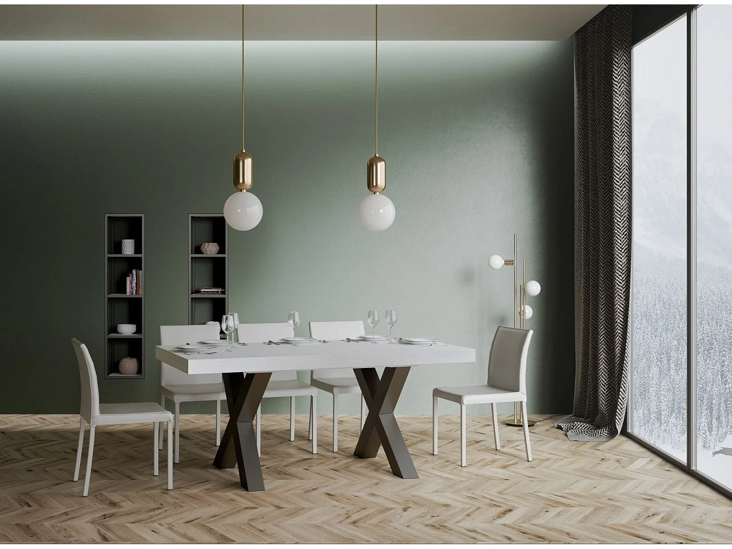 Mesa de comedor Tsara 160 cm rectangular de fresno blanco con patas de metal gris oscuro