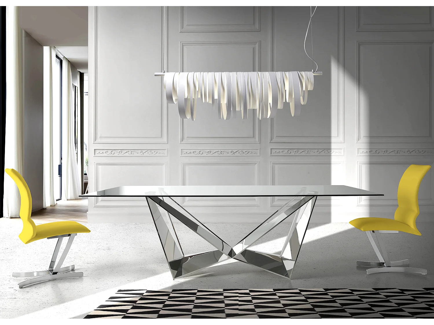 Table rectangulaire design acier chromé et verre trempé Trypa 200cm