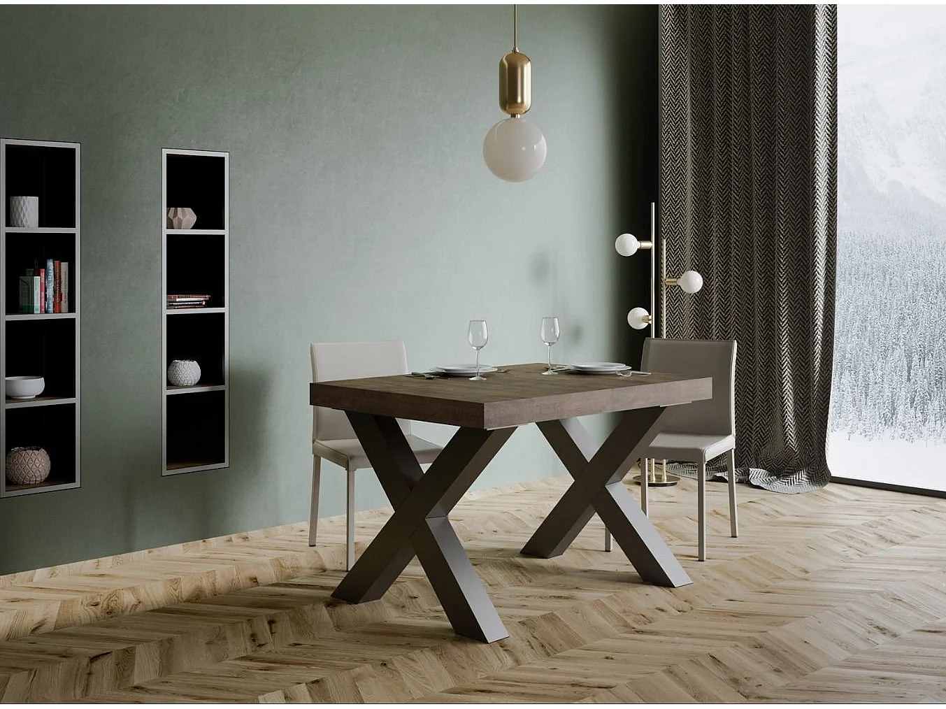 Table à manger rectangulaire bois foncé et pieds métal gris foncé Tsara 130cm