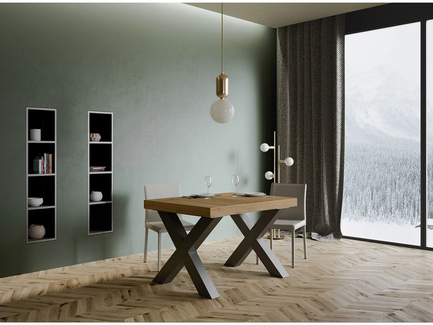 Mesa de comedor rectangular Tsara 130 cm de madera clara con patas de metal gris oscuro