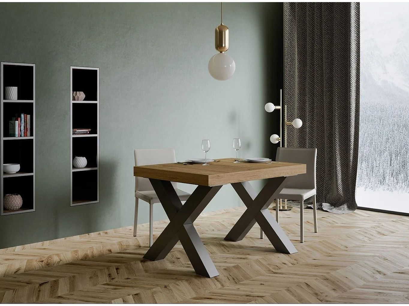 Mesa de comedor rectangular Tsara 130 cm de madera clara con patas de metal gris oscuro