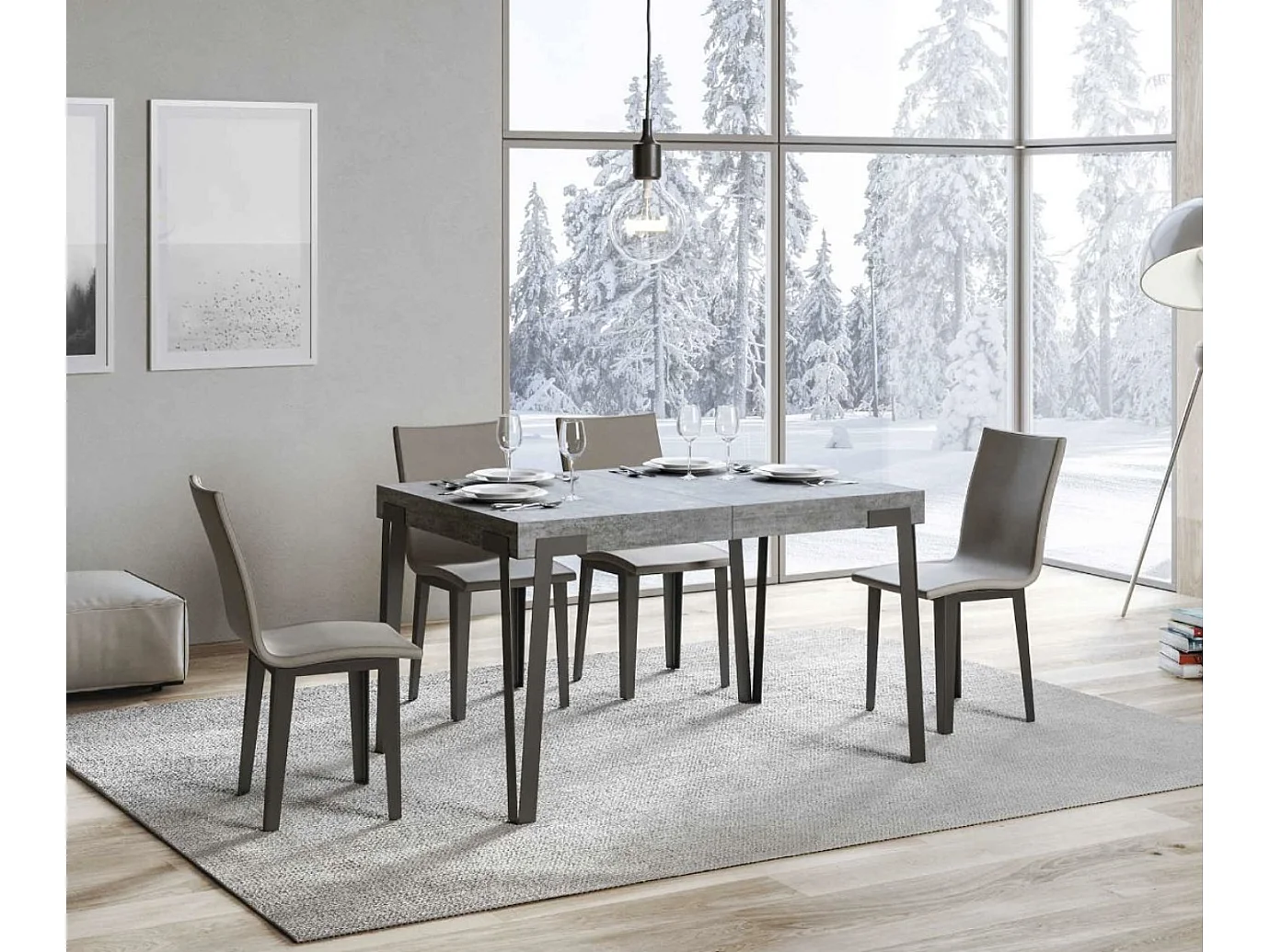 Table rectangulaire 130cm gris ciment et pieds métal anthracite Konta