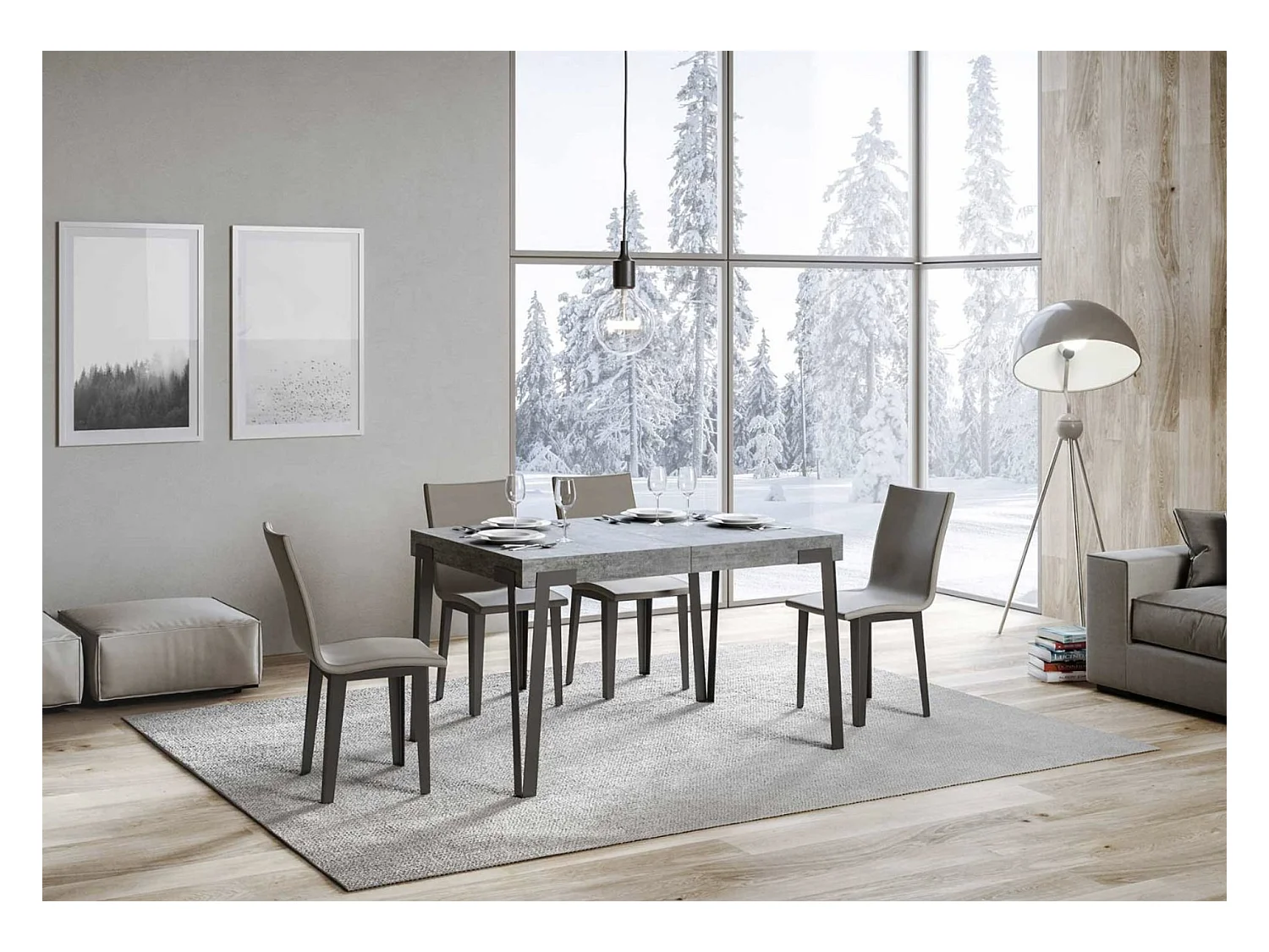 Table rectangulaire 130cm gris ciment et pieds métal anthracite Konta