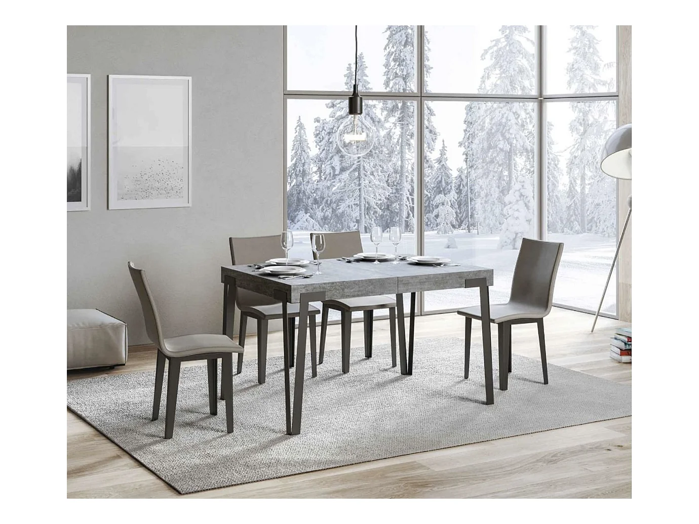 Table rectangulaire 130cm gris ciment et pieds métal anthracite Konta