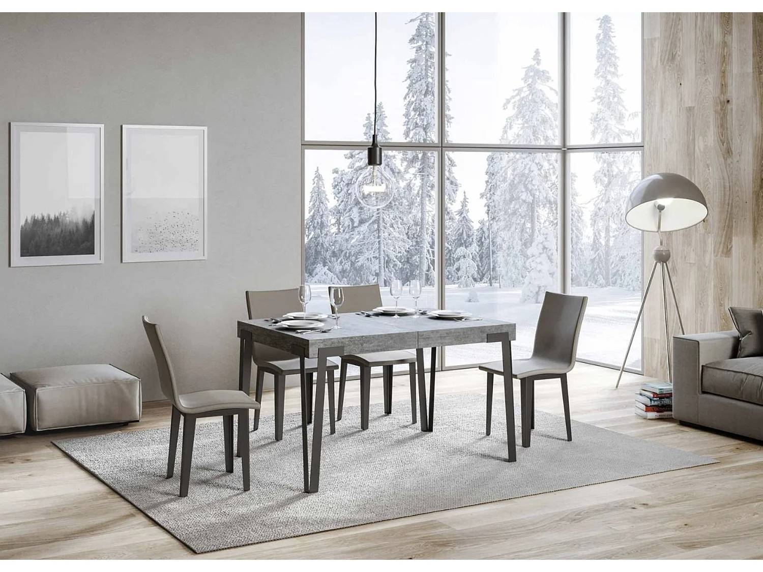 Table rectangulaire 130cm gris ciment et pieds métal anthracite Konta