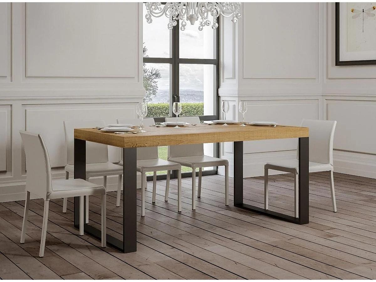 Industriële licht eiken tafel en antraciet metalen poten Tiroz 160 cm