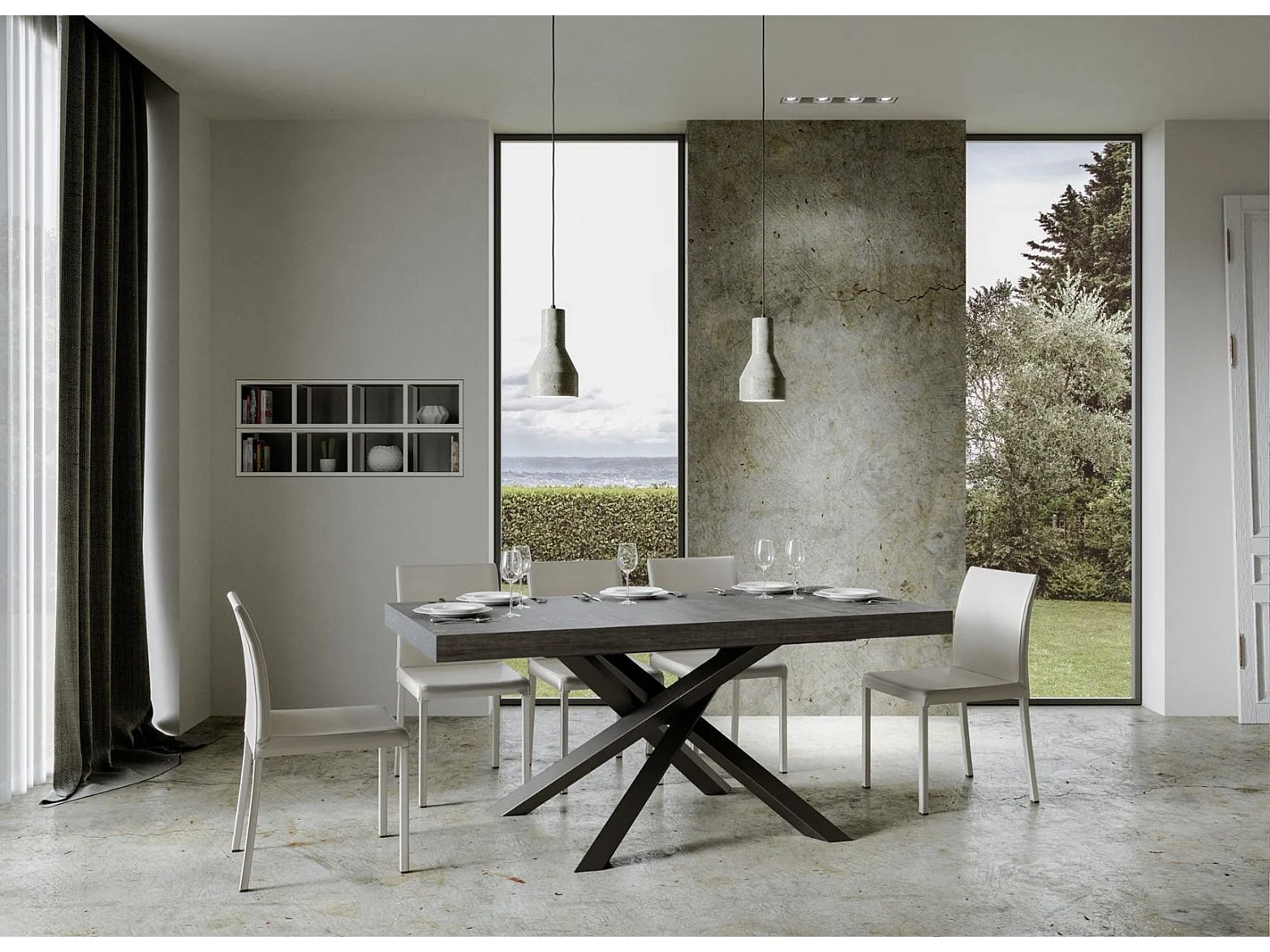 Table à manger design gris béton et pieds entrelacés anthracite 160cm Artemis