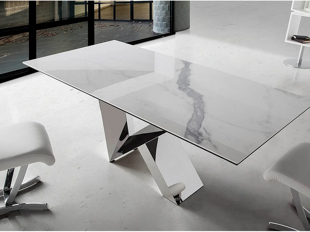 Rechthoekige tafel van gehard glas met marmereffect en RVS Futura 180 cm-Dimensies L 180 x D 95 x H 75 cm