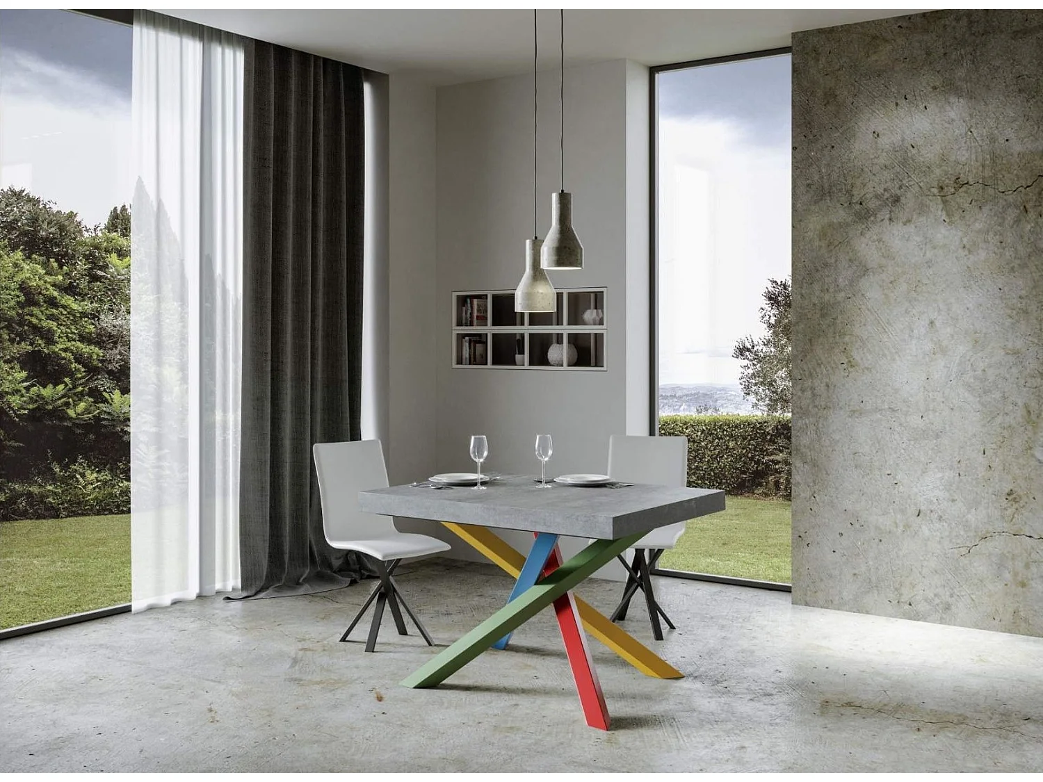 Table design grise et pieds entrelacés multicouleurs 130cm Artemis