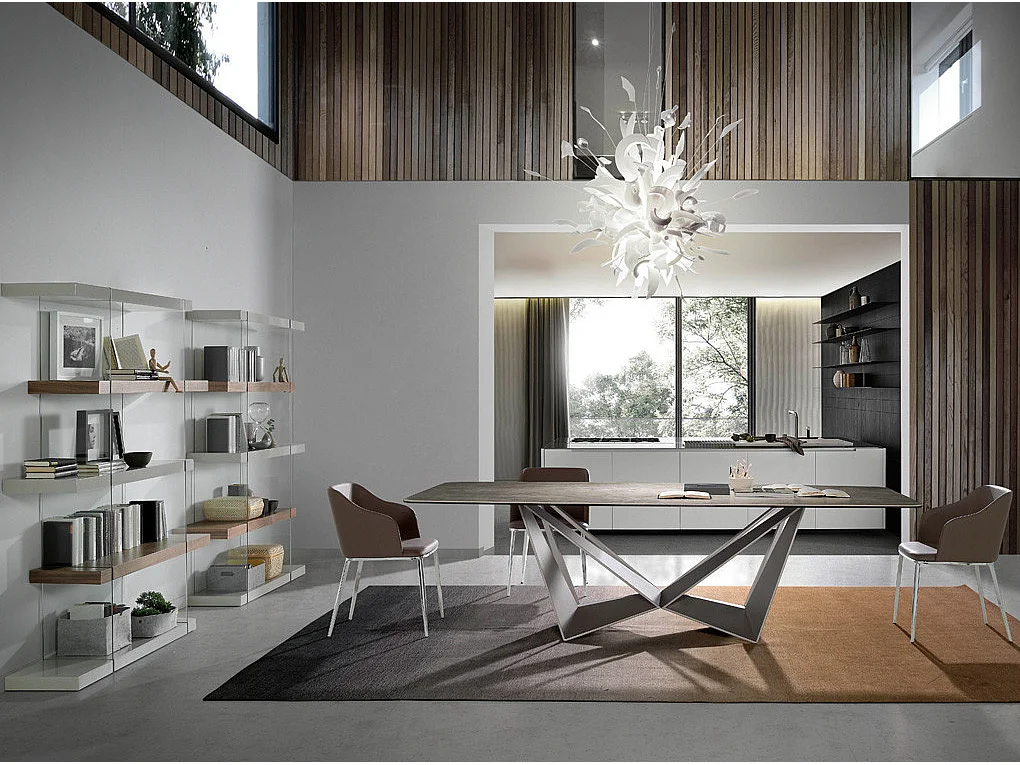 Table rectangulaire plateau porcelaine imitation ciment et pieds acier laqué gris Trypa 260cm