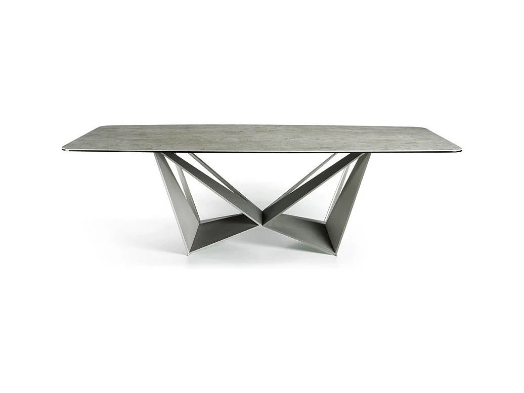 Table rectangulaire plateau porcelaine imitation ciment et pieds acier laqué gris Trypa 260cm
