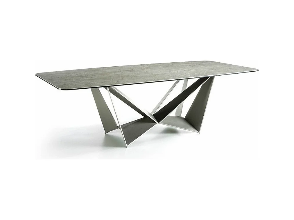 Table rectangulaire plateau porcelaine imitation ciment et pieds acier laqué gris Trypa 260cm