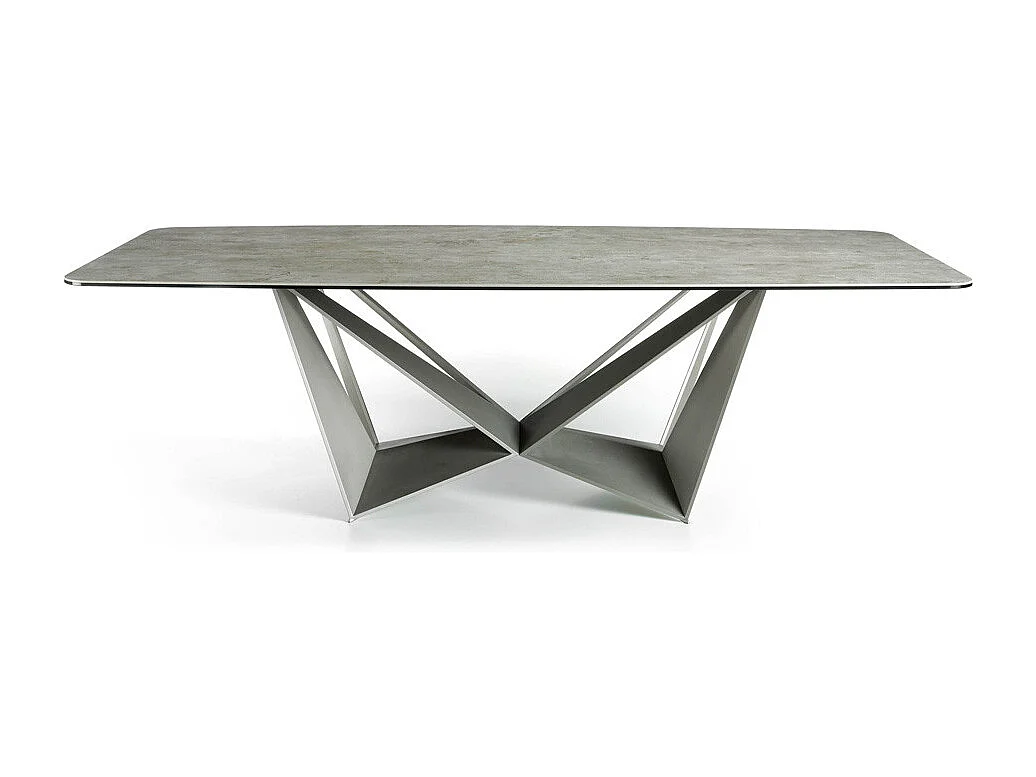 Table rectangulaire plateau porcelaine imitation ciment et pieds acier laqué gris Trypa 260cm