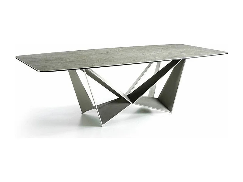 Table rectangulaire plateau porcelaine imitation ciment et pieds acier laqué gris Trypa 260cm
