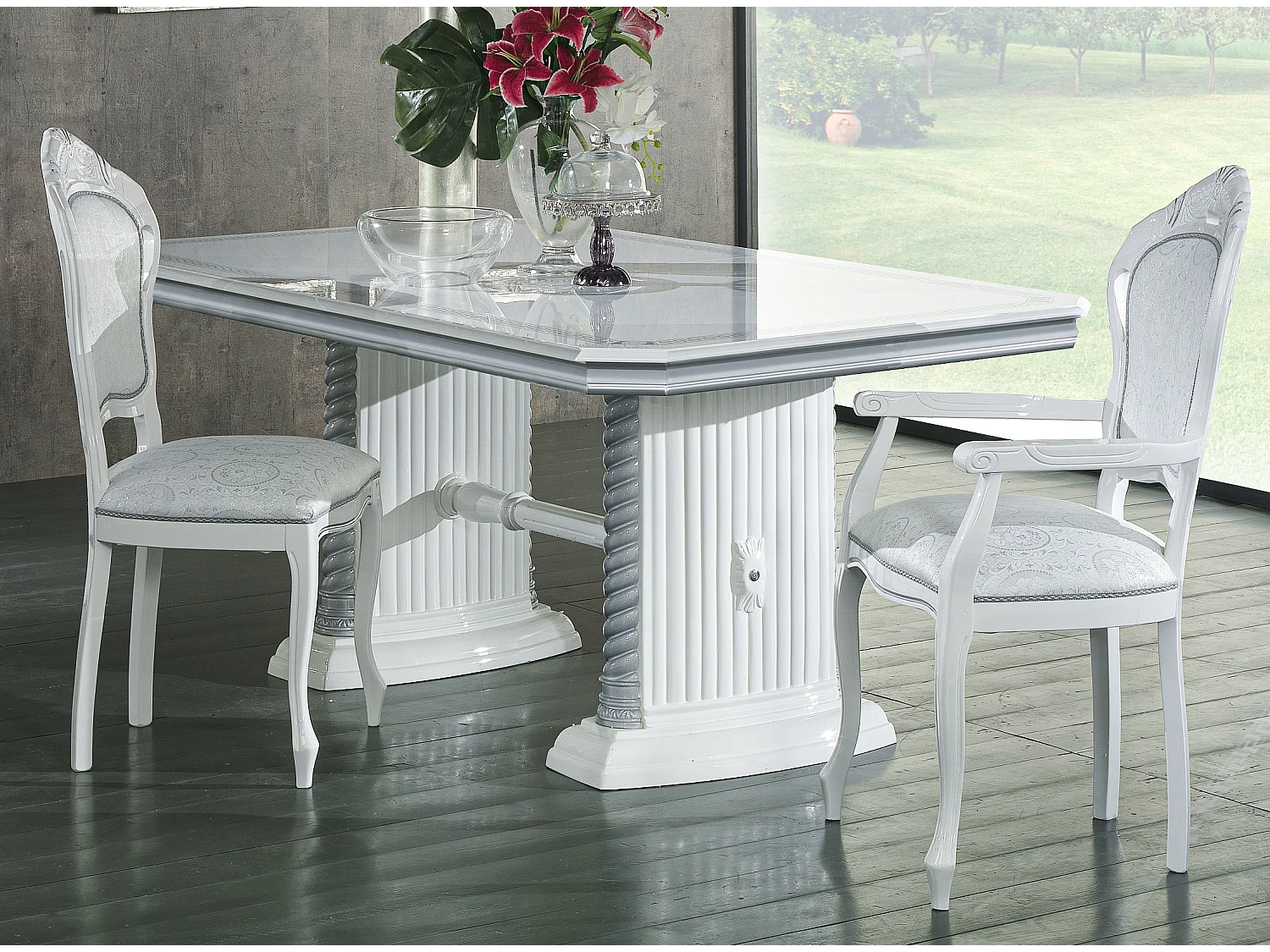 Table à manger rectangulaire extensible bois vernis laqué brillant blanc et gris Vinza 185 à 230cm