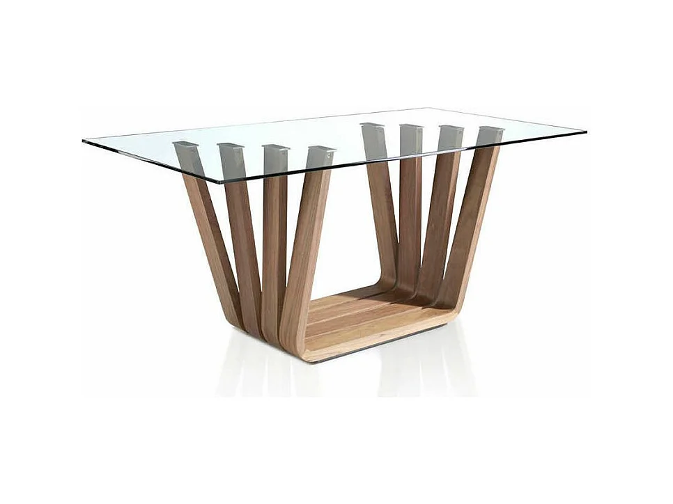 Table rectangulaire plateau verre trempé et pieds bois plaqué noyer Matega 180cm