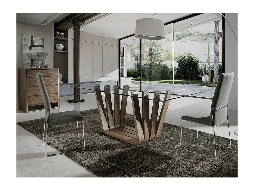 Table rectangulaire plateau verre trempé et pieds bois plaqué noyer Matega 180cm