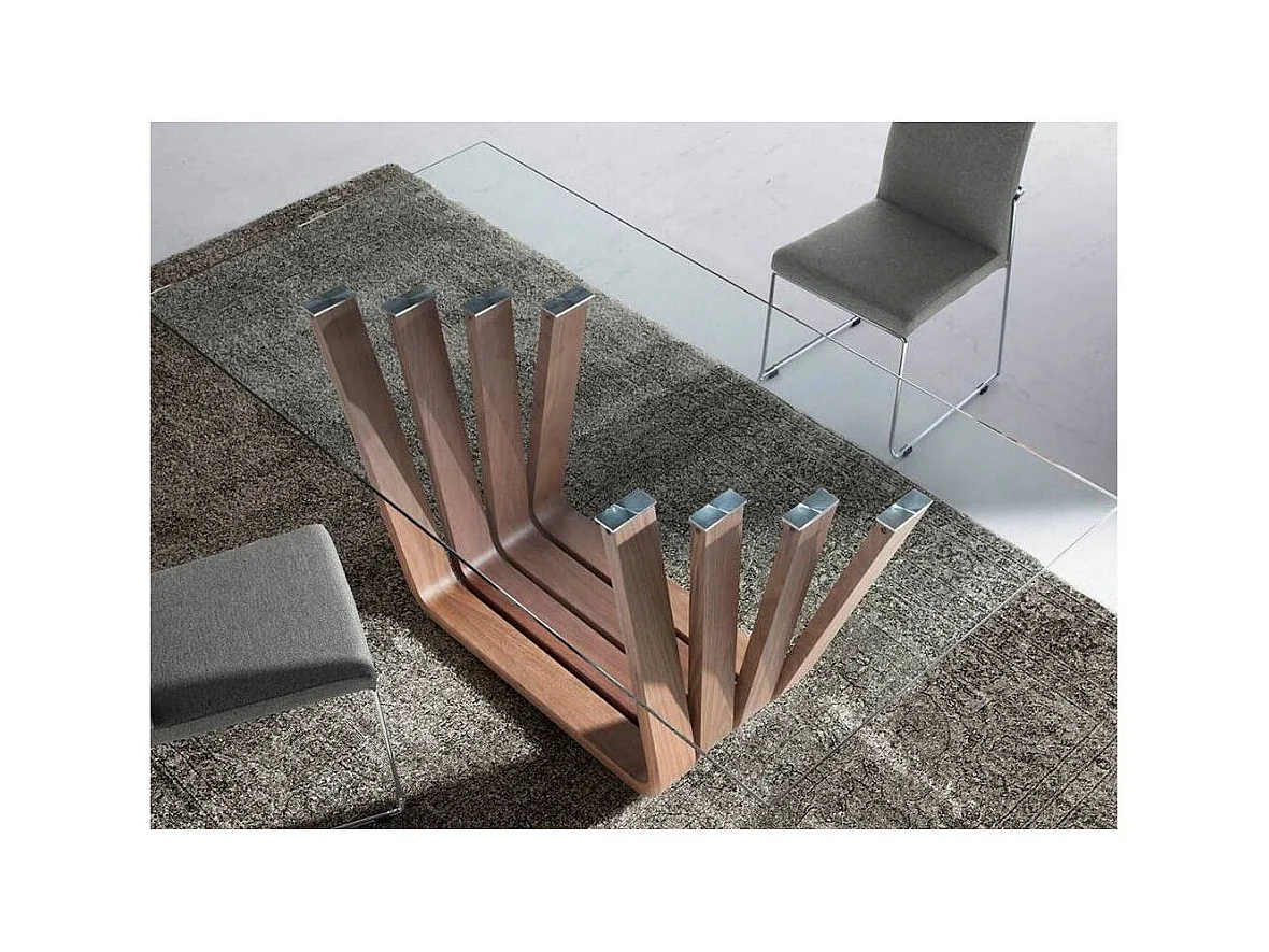 Table rectangulaire plateau verre trempé et pieds bois plaqué noyer Matega 180cm