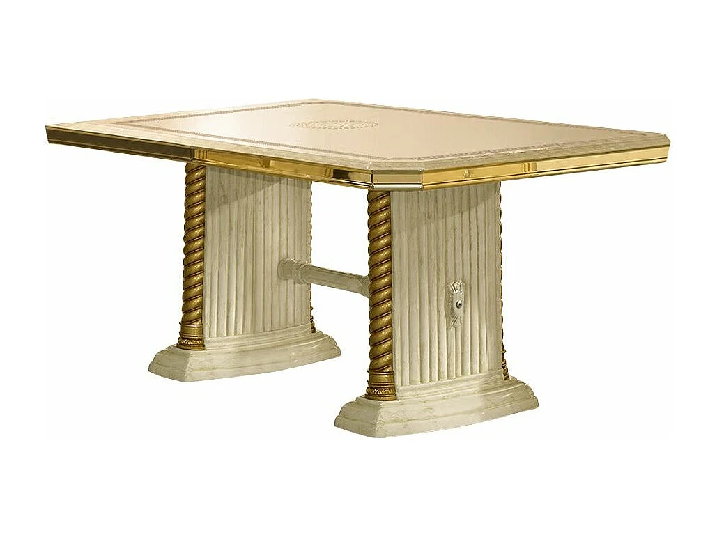 Table à manger rectangulaire extensible bois vernis laqué brillant beige et blanc Vinza 185 à 230cm