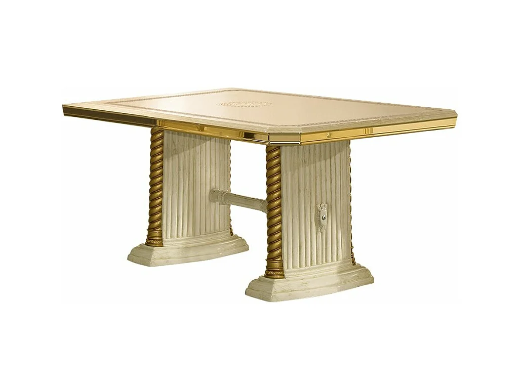 Table à manger rectangulaire extensible bois vernis laqué brillant beige et blanc Vinza 185 à 230cm