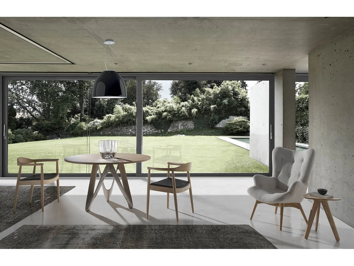 Table ronde plateau bois noyer et pied fibre de verre laqué marron Perla-Dimensions D 120 x H 76 cm