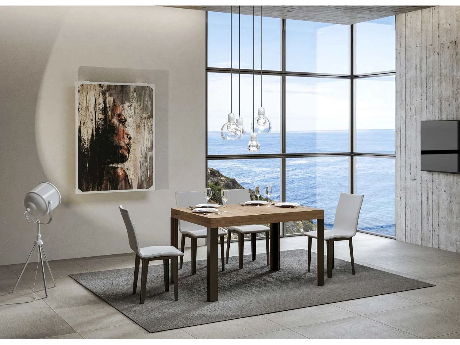 Rechthoekige lichthouten eettafel en donkergrijze metalen poten Liva 130 cm