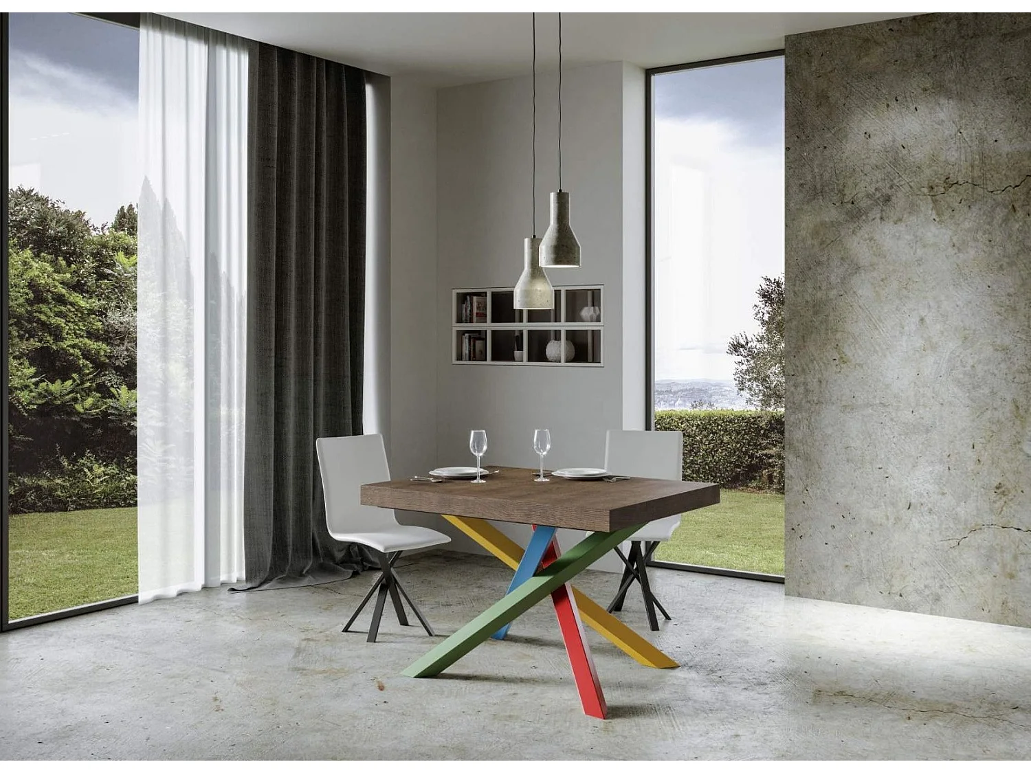 Table design bois marron et pieds entrelacés multicouleurs 130cm Artemis