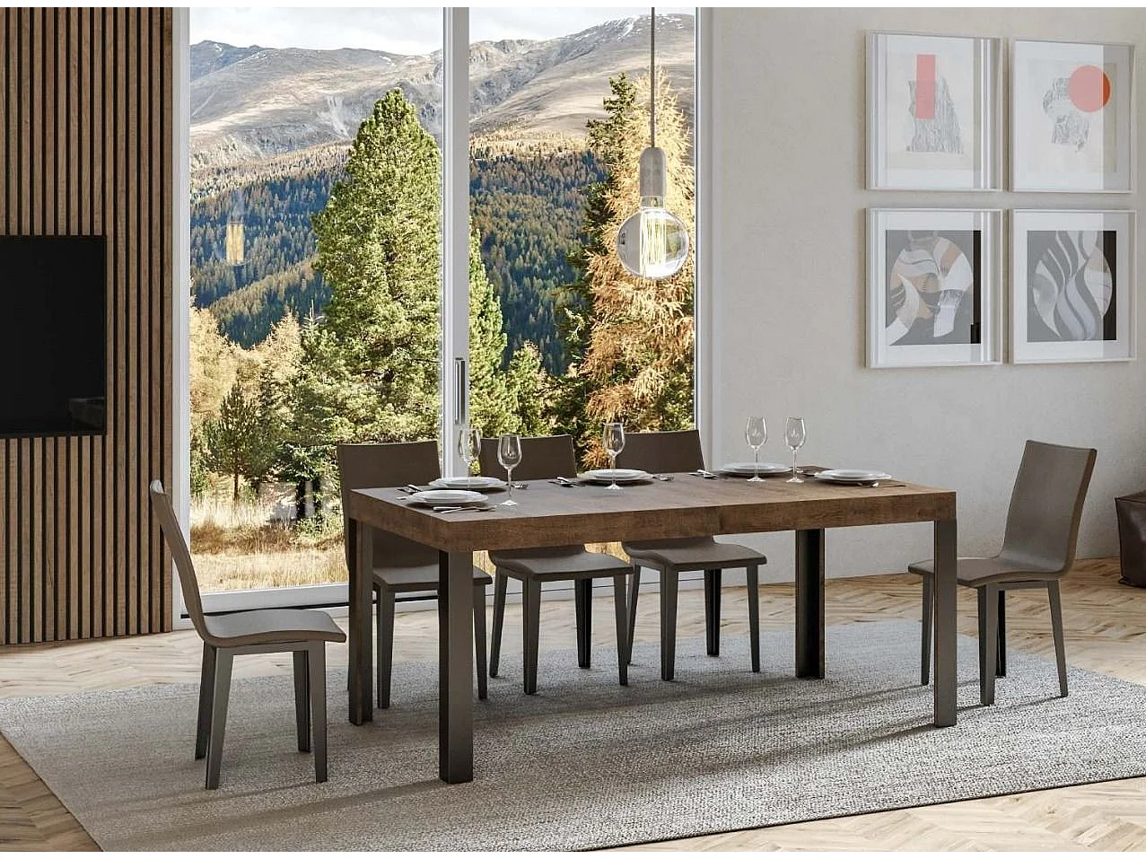 Mesa de comedor rectangular Liva 160 cm de madera oscura con patas de metal gris oscuro