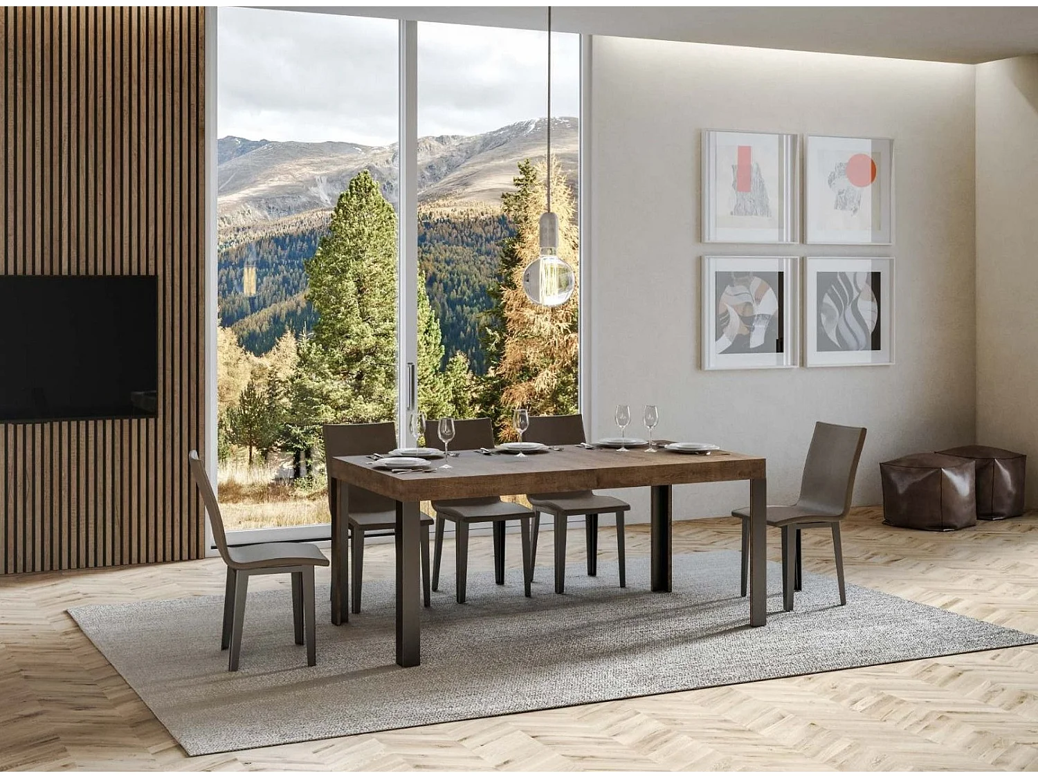 Mesa de comedor rectangular Liva 160 cm de madera oscura con patas de metal gris oscuro