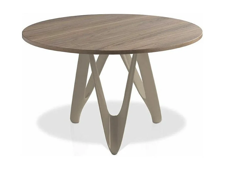 Table ronde plateau bois noyer et pied fibre de verre laqué marron Perla-Dimensions D 130 x H 76 cm