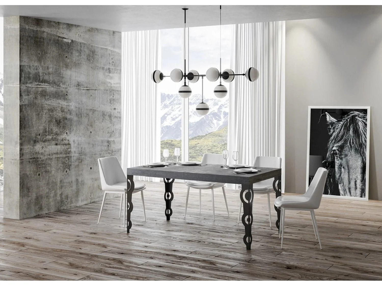 Table rectangulaire orientale 6 places L 160cm bois gris béton et pieds métal anthracite Kazay