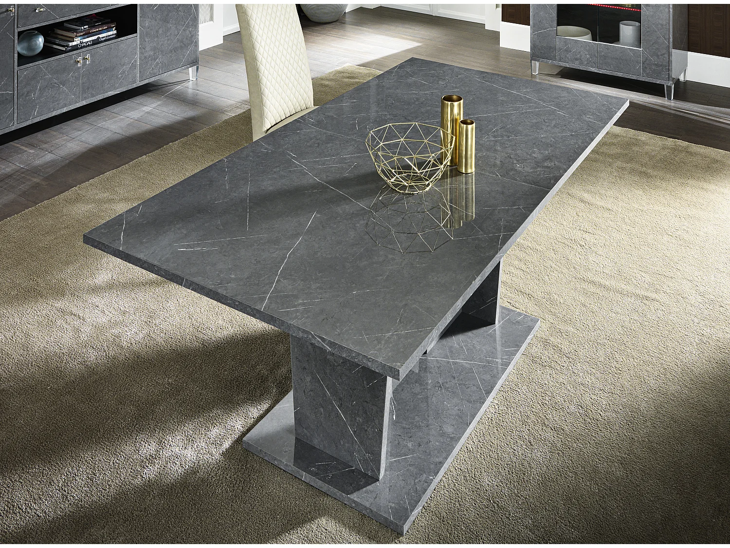 Table à manger rectangulaire extensible bois gris effet marbre vernis Botela 180 à 225cm